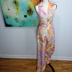 TCEC Floral Sleeveless Belted Jumpsuit in Cream, Orange & Pink